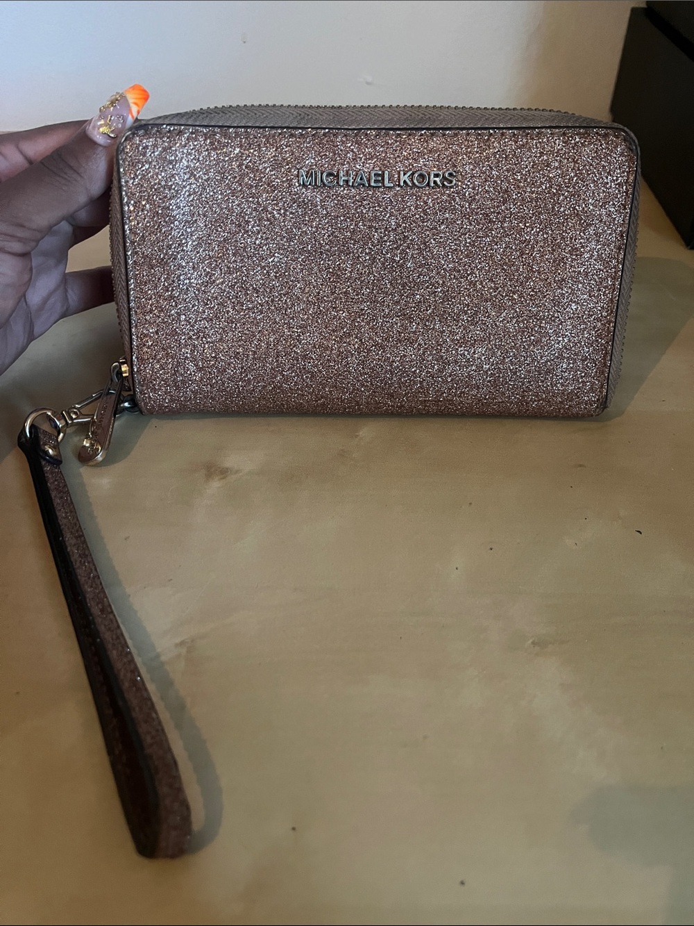 Michael Kors Rose Gold Glitter Zip-Around Wristlet Wallet